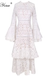 Designer Runway Autumn Summer White Lace Cascading Ruffle Flare Sleeve Dress