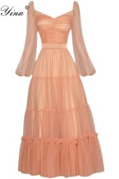 Luxurious Lantern Sleeve Backless Mesh Ball Gown - Perfect for Spring/Summer