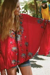 Bohemian Beauty: Floral Embroidered Flare Long Sleeve Vneck Blouse for Casual Holiday Chic