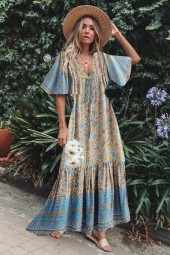 Bohemian Summer Bliss: Floral Batwing Sleeve Maxi Dress with Tassel Detail