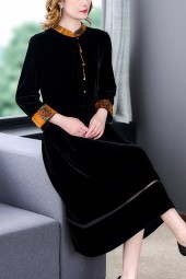 Luxurious Mulberry Silk Big Brand Dress for Mature Women - Gold Velvet Longsleeved