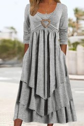 Elegant Office-Ready Patchwork Pockets Midi Dress with Round Neck, Solid Long Sleeve, and Summer Ruffles Club Style