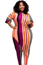 Plus Size Fall Striped Two Piece Outfit with Irregular Hem Leggings - Perfect Matching Set!