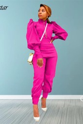 Fall Fashions: Two-Piece Puff Sleeve Zip Top & Elastic Waist Pencil Pants Tracksuit Set