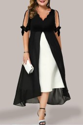 White and Black Contrast Chiffon High Waist Long Elegant Dress