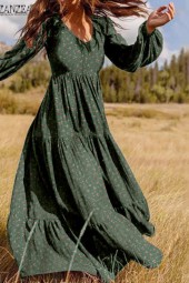 Bohemian Elegance: Autumn Floral Ruffle Long Maxi Dress with Puff Sleeves
