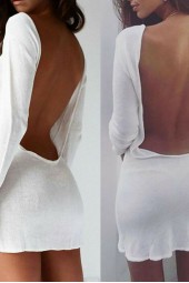Backless White Evening Dress: Elegant, Long Sleeve, Solid Loose Mini