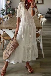 Vintage Lace Maxi Dress: Bohemian Floral Loose White Sundress