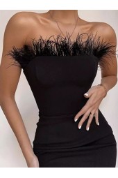 Feathered Black Strapless Bodycon Midi Dress for Stylish Summer Nights