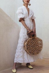 Elegant White Lace Maxi Beach Dress with Short Puff Sleeves