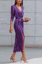 Chic Striped Split Spring Laceup Belted Office Dress