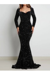 Long Sleeve Padded Sequin Maxi Dress Floor Length Sparkles Stretch Neck Mermaid Formal Evening Night Gown Grey Black Red
