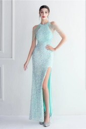 Luxury Special Ocassion Prom Wedding Guest Long Split Beaded Sequin Glitter Formal