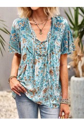 Floral Boho Blouse Bohemian Vneck Tie Lace Up Summer Casual Holiday Beach Shirt Tops