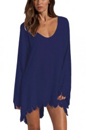 Chic Blue V-Neck Crochet Hem Long Sleeve Dress - Perfect for Casual Occasions