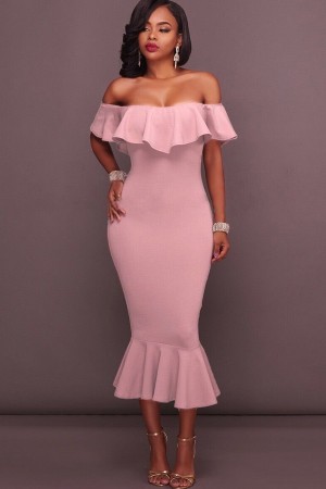 Pretty in Pink: Off-Shoulder Ruffled Mermaid Midi Party Dress