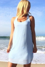 Elegant Light Blue Bow Back Chiffon Shift Dress for Casual Occasions