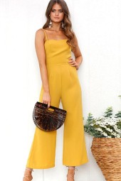 Women's Yellow Spaghetti Straps Zipper Wide Leg Casual Jumpsuit