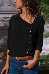 Black Asymmetrical Neck Button Long Sleeve Chic Blouse