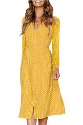 Cheerful Yellow Polka Dot Button Up Tied Long Sleeve A Line Dress for Casual Wear