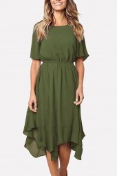 Elegant Green Half Sleeve Asymmetric Hem Casual Dress