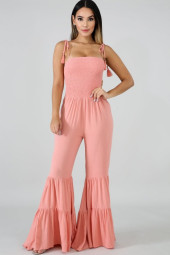 Flared Shirred Tassels and Ruffles Jumpsuit