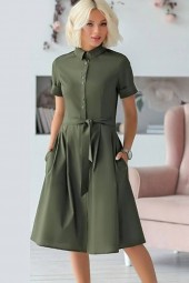 Armygreen Button Up Tied Waist Short Sleeve Casual Shirt Dress