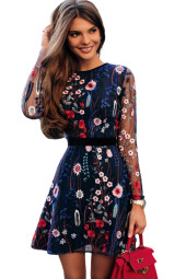 Floral Embroidered Sheer Mesh Summer Boho A-Line Mini Dress Floral Embroidered Sheer Mesh Summer Boho A-Line Mini Dress