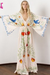 Women's Plus Size Boho Beach V-Neck Maxi Dress with Embroidery, Batwing Sleeves, and Drawstring Waist