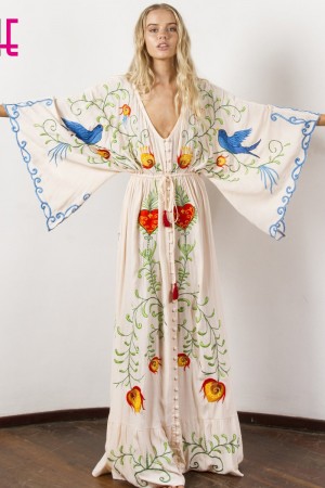 Embroidered Maxi Dress Vneck Batwing Sleeve Loose Plus Size Summer Dress Drawstring Waist Boho Beach 
