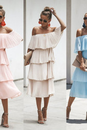 Ruffled Summer Dress Strapless Layered Solid Color
