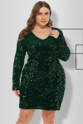 Dark green Sequins V Neck Long Sleeve Casual Plus Size Dress