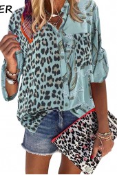 Women's Plus Size Leopard Print Blouse with Turndown Collar and Long Sleeves - Perfect for Spring 