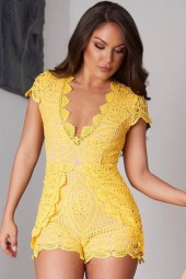 Sunny Yellow Crochet V-Neck Short Sleeve Romper - Perfect for a Chic Summer Look 