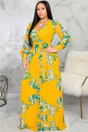 Elegant Leaf-Tied V-Neck Long-Sleeve Maxi Dress for Casual Occasions