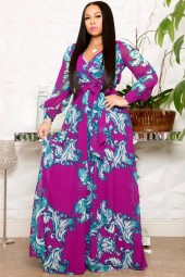 Elegant Leaf-Tied V-Neck Long-Sleeve Maxi Dress for Casual Occasions