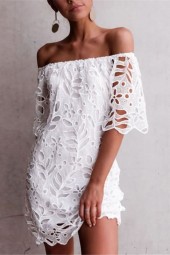 Elegant Lace Crochet Off-Shoulder Half-Sleeve Bodycon Dress