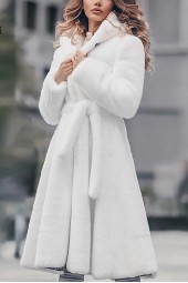 Luxurious White Faux Fur Hooded Winter Coat - Slim Fit, Thicken Laceup Design