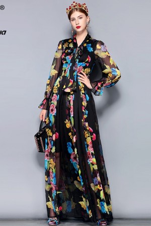 Runway Maxi Plus Size Sleeve Bow Collar Vintage Floral Chiffon Party Holiday Long Dress