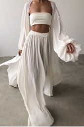 Piece Sets Homewear Summer Crop Tops+solid Cardigan+wide Leg Pants Suits Spring Casual Lantern Sleeve Outfits