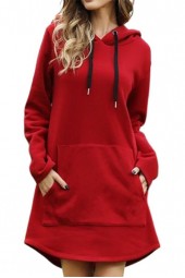 Cozy Comfort: Autumn/Winter Solid Color Drawstring Hooded Dress with Large Pockets and Irregular Hem