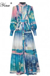Autumnal Elegance: Designer Lantern Sleeve Singlebreasted Sashes Multicolor Vacation Long Dress