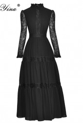 Elegant Autumn Splendor: Designer Stand Collar Lace Long Sleeve High Waist Black Dress