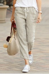 Solid Casual Drawstring Elastic Waist Cotton Linen Trousers Straight Ankle Length Oversize Pants