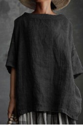 Women's Spring Linen Cotton Solid Blouse Top - Elegant Neck Half Sleeve Pullovers Streetwear Loose Blusas