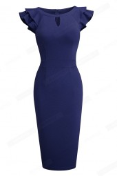 Elegant Business Style: Pure Color Round Neck Hollow Ruffle Sleeve Bodycon Office Pencil Dress