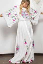 Elegant White Cotton Floral Embroidered Maxi Vintage Oneck Backless Summer Dress - Perfect for Beach Boho Style