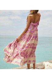 Bohemian Summer Blooms: Vintage Floral Tassel Midi Strap Drawstring Beach Dress