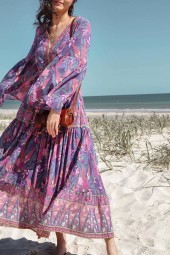 Beautiful Purple Floral Bohemian Maxi Dress - Perfect for Beach Days 
