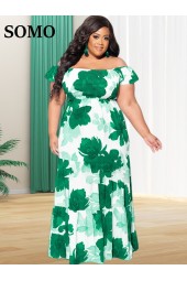 Plus Size Summer Floral Off Shoulder Maxi Dress with Big Hemline